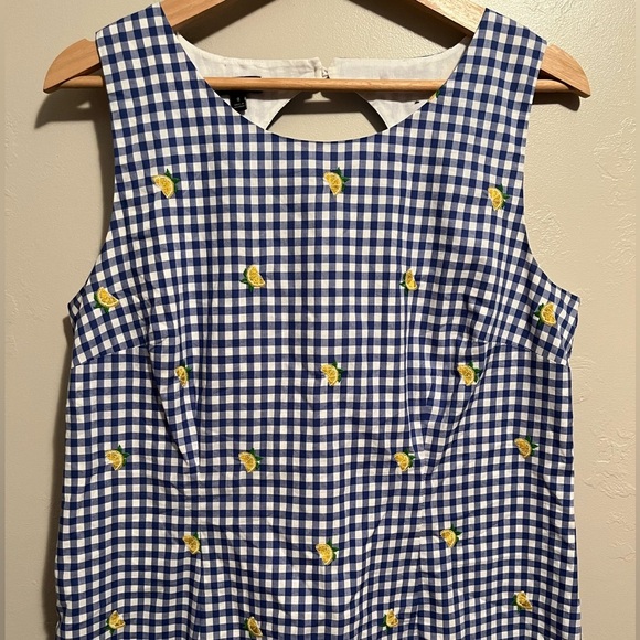 Talbots Lemons & Gingham Shift Dress Blue &White Cotton Embroidered Keyhole Back - Picture 7 of 16